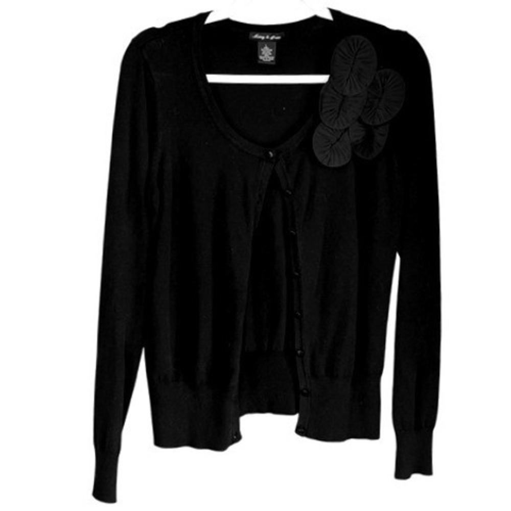 B4 Audrey & Grace Cardigan Large Black Silk Blend Floral Rosette Applique